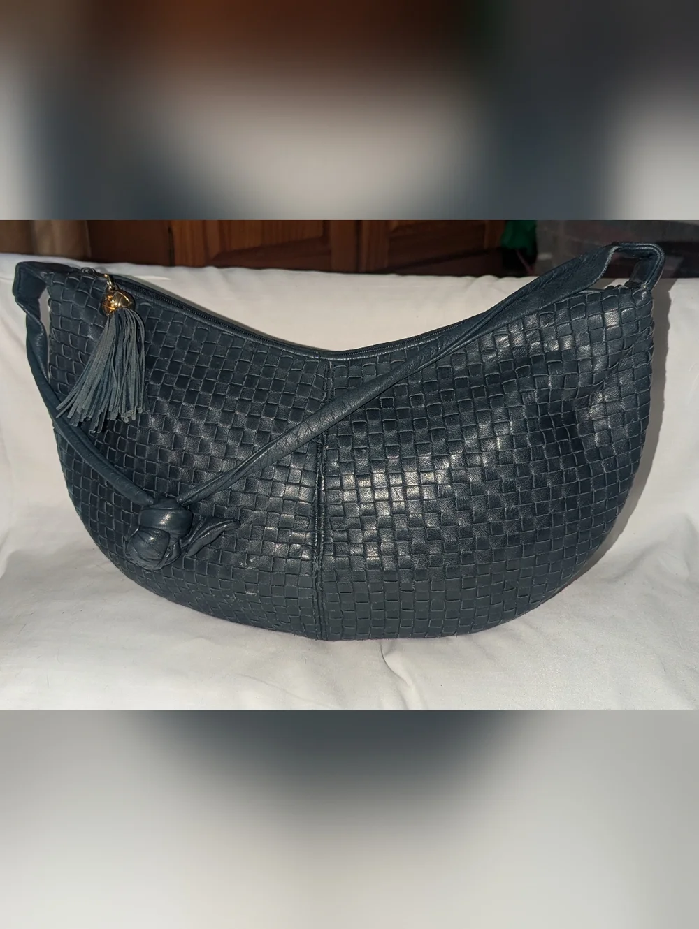 Vintage Woven Leather Hobo Bag In Navy Blue. Made In Korea